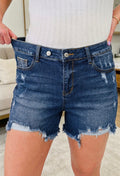 Asymmetric Raw Hem Distressed Whiskery Denim Shorts