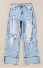Distressed Denim Straight Leg Jeans