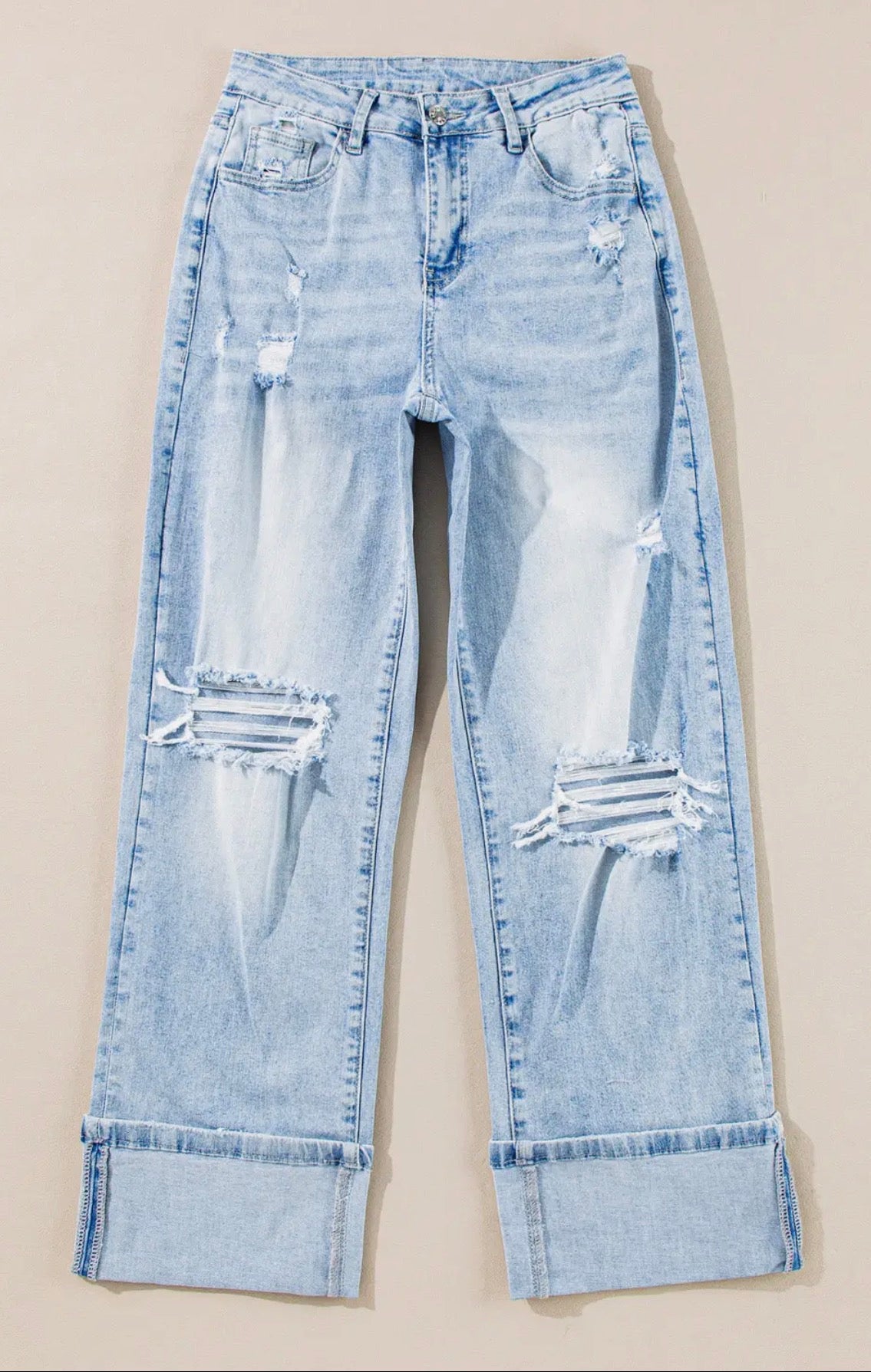 Distressed Denim Straight Leg Jeans
