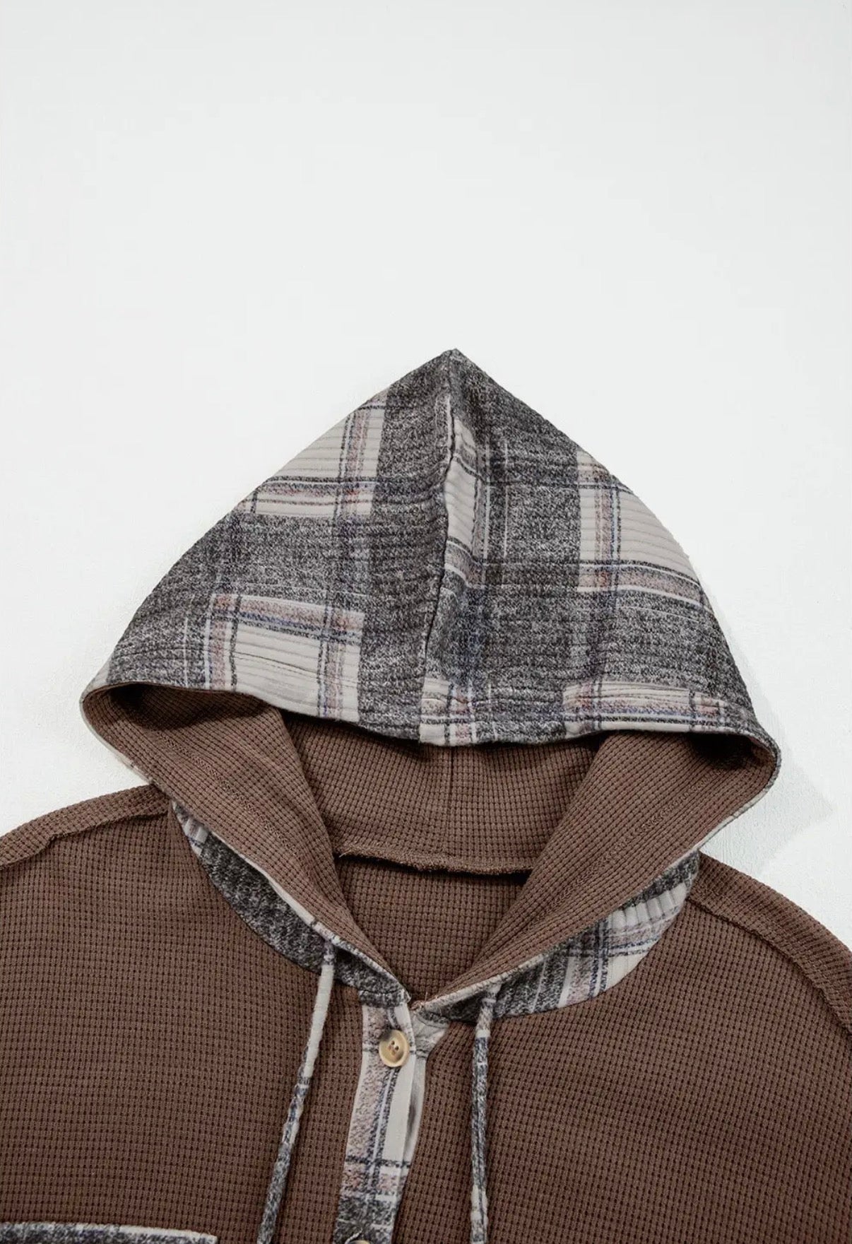 Plaid Patchwork Button Up Hooded Shacket