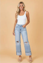Distressed Denim Straight Leg Jeans