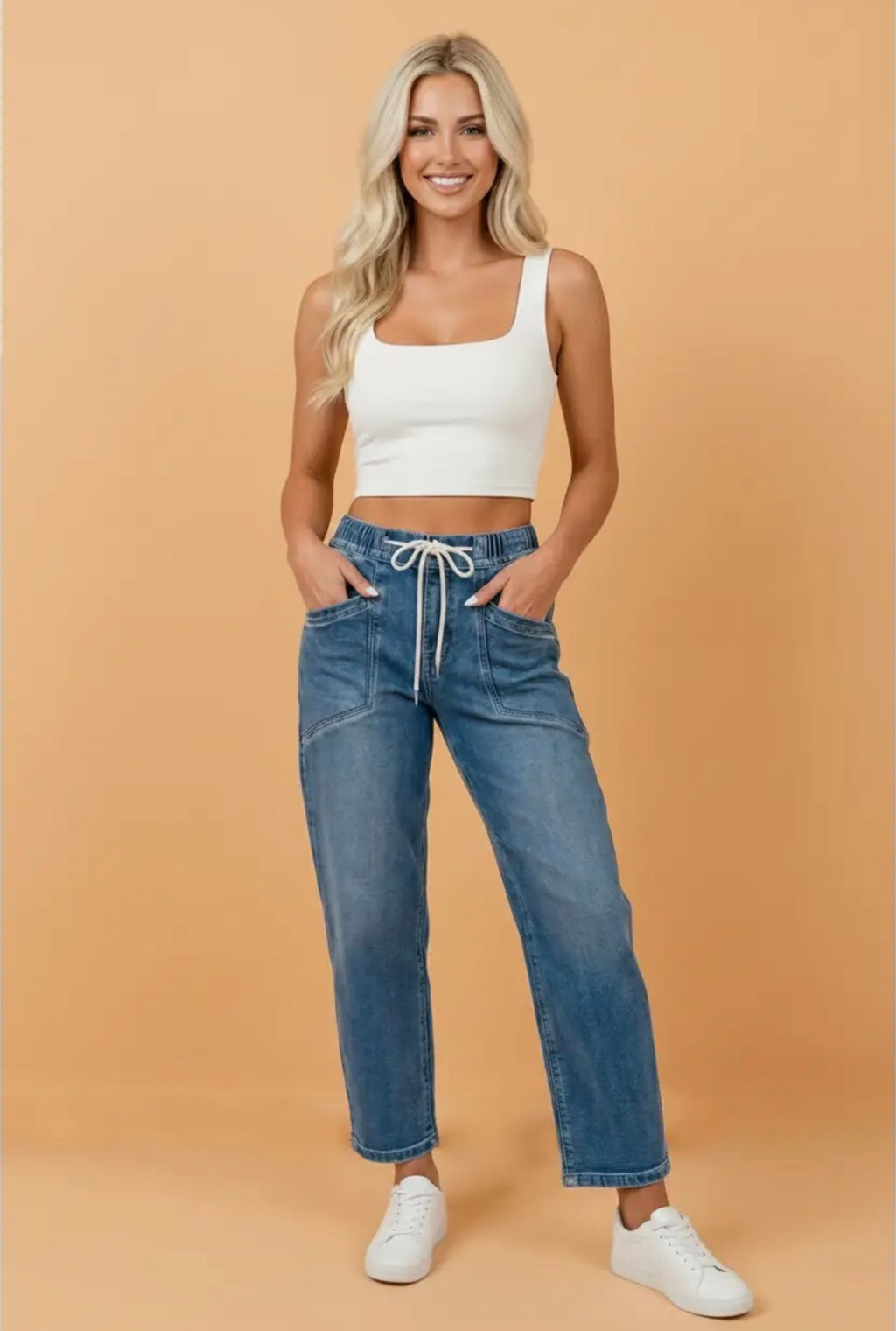 Denim Drawstring Waist Pants W/ Pockets
