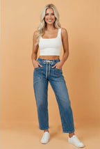 Denim Drawstring Waist Pants W/ Pockets