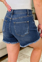 Asymmetric Raw Hem Distressed Whiskery Denim Shorts